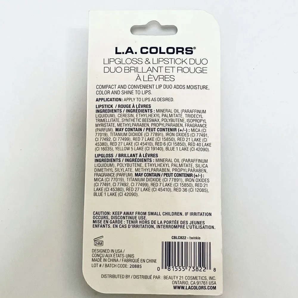 NWT  L.A. Colors Lip Duo Lip Gloss/Lipstick CBLG822 Twinkle High Shine Pink